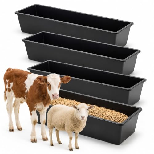 4 Pack 12 Gallon Rubber Feed Pan, 39 Inch Plastic Feeding Trough | Heavy Duty Molded Plastic Design for Horse, Goat, Pig And Livestock Use, Durable Square Design For Farm Feeding Tasks - size: 38.9 × 12 × 7.2 in