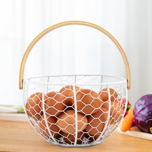 Farmhouse Wire Egg Basket for Gathering Fresh Eggs with Wooden Handle, Vintage Style Metal Egg Collecting Basket Countertop Storage Container Holder for Kitchen Decor and Fruit Bin (White) - color: White