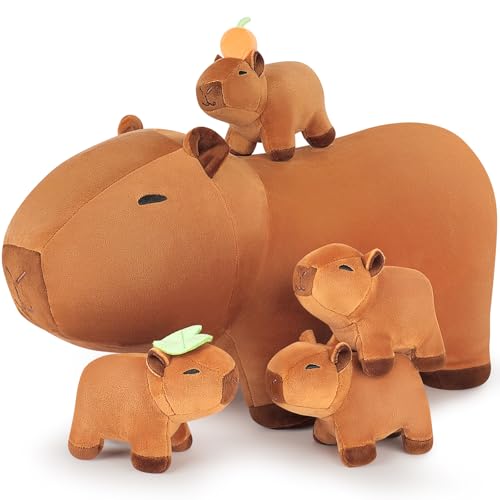 Achwishap 5PCS Capybara Plush Family Set, Capybara Stuffed Animal with Mommy & 4 Babies, 18” Soft Huggable Plushie Cute Pillow Toys Decor, Birthday Gifts for Kids Boys Girls Adults & Capibara Lovers - color: Brown Pcapybara Family