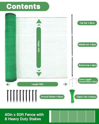 Temporary Fence with Metal Posts, 40" Hx50'L Garden Fence Animal Barrier with Ground Spikes, Plastic Fencing for Outdoor Dogs, Chicken, for Backyard, Patio, Garden