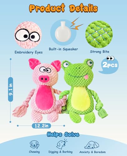 Swooflia 2 Pack Squeaky Dog Toys - Crinkle Plush Pig and Frog Toys for Puppies, Interactive and Stimulating Toy to Relieve Boredom for Small Dogs and Keep Them Busy - size: 2 pcs