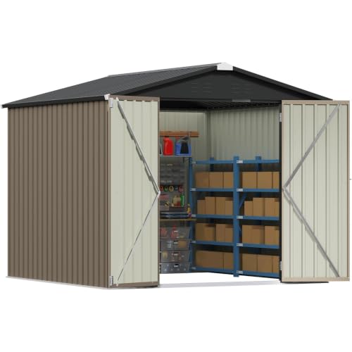 Patiowell 8x8 FT Storage Shed with Lockable Door, Metal Tool Outdoor Sheds with Sloping Roof, Modern Utility Patio Shed for Lawn Garden Backyard, Brown - color: Brown, size: 8x8 FT