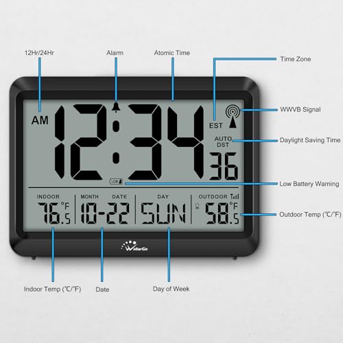 WallarGe Atomic Clock with Indoor Outdoor Temperature - 8.5'' Digital Clock Battery Operated, Self-Setting, 4 Time Zones, DST - size: 8.5 INCH
