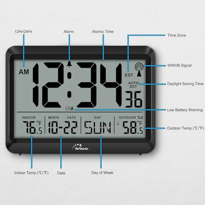 WallarGe Atomic Clock with Indoor Outdoor Temperature - 8.5'' Digital Clock Battery Operated, Self-Setting, 4 Time Zones, DST - size: 8.5 INCH