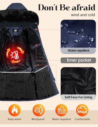 Womens Long Puffer Winter Coats Fleece Jacket Down Parka Warm Overcoat Thicken Quilted Jacket Removable Fur Coat - color: Navy, size: Small