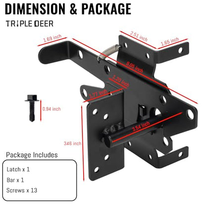 TRIPLE DEER Self-Locking Fence Gate Latch, Heavy Duty Vinyl Post Mount Automatic Self-Closing Wooden Gate Hardware, Gravity Lever Door Latches Hardware for Secure Pool/Yard/Garden Outdoor, Black
