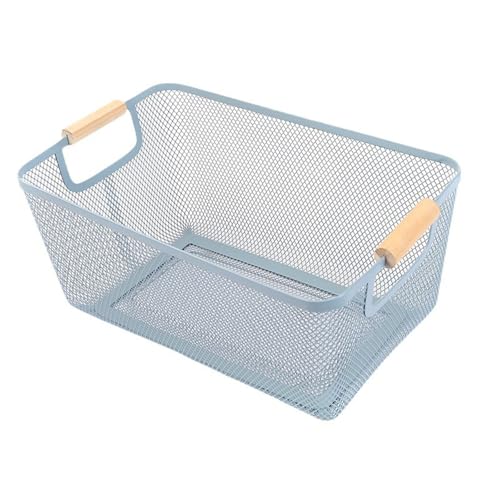 AJIODA Metal Mesh Steel Basket, Large Wire Storage Organizer Basket Multi-function Hanging Kitchen Baskets with Wood Handle for Kitchen Bathroom Picnic Home, Rectangle-Blue - color: Blue, size: 1Pack-Large