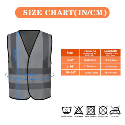 AYKRM Kids High visibility viz vest hi vis viz reflective safety vests - color: Grey, size: 10-14Y