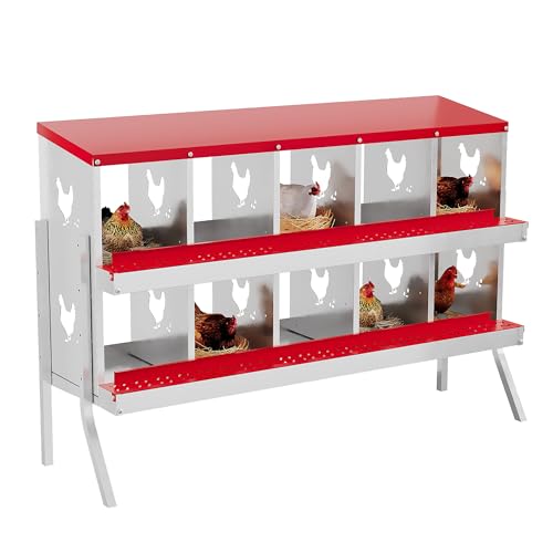 Garvee ‌Galvanized Steel Chicken Nesting Box with Roll Out Egg Tray - 10 Hole, Rustproof & Ventilated Laying Boxes for Hens, Chickens, Ducks | Easy-Clean Poultry Coop Accessories, Red with Stand - color: red, size: 10 Holes with Legsompartments with legs