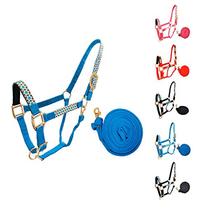 Tahoe Tack Patterned Nylon Adjustable Horse Halters with Padded Noseband and Matching 10’ Soft Grip Lead Rope with one Year Warranty - color: Geometric and Hurricane Blue