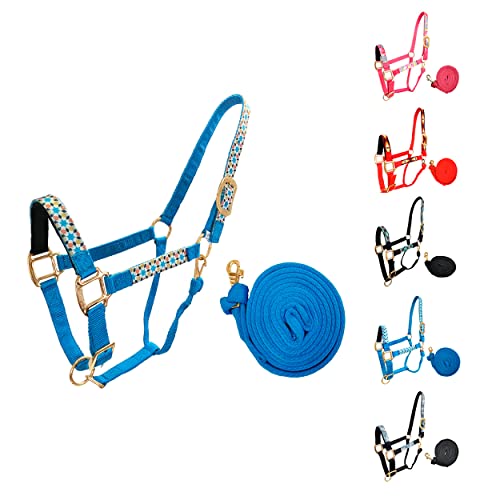 Tahoe Tack Patterned Nylon Adjustable Horse Halters with Padded Noseband and Matching 10’ Soft Grip Lead Rope with one Year Warranty - color: Geometric and Hurricane Blue