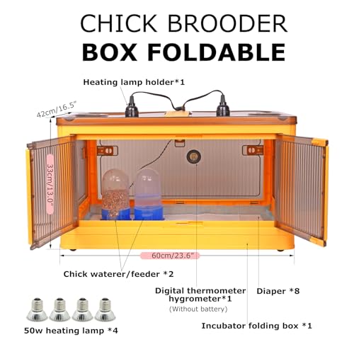 Chick Brooder Box for Chicks, Quail Brooder Box Kit with Heater Feeder and Waterer Set Chicks Warmer for 20 Duckling Parrot Lizard Ducks Bedding Indoor (23.62”x16.53”x13” Yellow)
