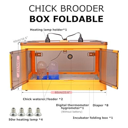 Chick Brooder Box for Chicks, Quail Brooder Box Kit with Heater Feeder and Waterer Set Chicks Warmer for 20 Duckling Parrot Lizard Ducks Bedding Indoor (23.62”x16.53”x13” Yellow)
