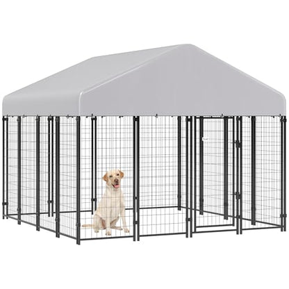PawHut Outdoor Dog Kennel with Roof, 8' x 8' x 6' Heavy Duty Welded Wire Dog Playpen Enclosure with Escape-Proof Lock, UV-Resistant & Waterproof Cover, for Large Dogs, Chickens, Ducks, Silver - size: 96.1"L x 96.1"W x 72.0"H, style: Single Room