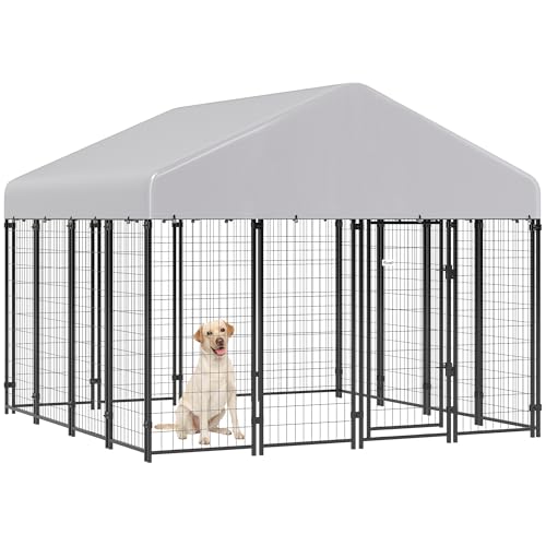 PawHut Outdoor Dog Kennel with Roof, 8' x 8' x 6' Heavy Duty Welded Wire Dog Playpen Enclosure with Escape-Proof Lock, UV-Resistant & Waterproof Cover, for Large Dogs, Chickens, Ducks, Silver - size: 96.1"L x 96.1"W x 72.0"H, style: Single Room