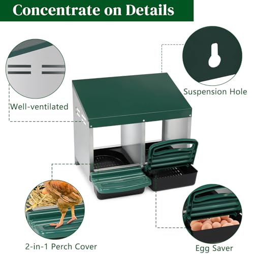Chicken Nesting Boxes for Laying Eggs 2 Compartment, Roll Away Nest Boxes for Poultry, Pull Out Plastic Basket, Integrated Perch, Steel Frame, Hangable, Chicken Coop Metal for Hens, Ducks, Green - size: 21.3x20.5x18.5in