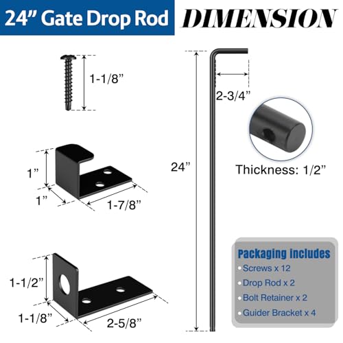 Heavy Duty Cane Bolt Gate Drop Rod, 24" Black Gate Latches Hardware for Wood Fence/Metal/Vinyl/Double Gates, Outdoor Gate Ground Latch Drop Rod with Mounting Screws, 2 Pack - size: 24 Inch