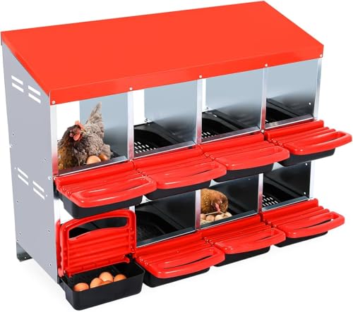 Chicken Nesting Boxes, 8 Compartments Metal Hens Egg Laying Box with Roll Away Egg Collection Tray and Perch, Wall Mountable Chicken Laying Box Nesting Boxes for Chickens- Red Without Legs