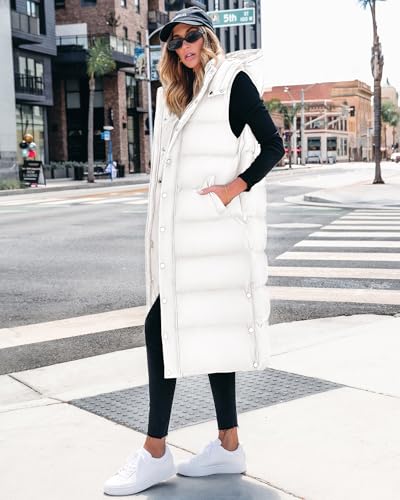 BTFBM Long Puffer Vest Women Quilted Hooded Button Down Zip Up Sleeveless Vests Outerwear Padded Jacket Fall Winter Coat - color: White, size: Small