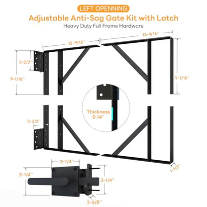 DIYHD Heavy Duty Anti-Sag Gate Kit with Left-Opening Latch, Adjustable Bracket Gate Frame Hardware for Wooden Fence or Patio, Fits 24"-60" Wide, Works with 2x4 Lumber (Wood Not Included) - size: Kit + Left Open Latch