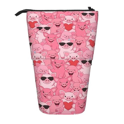 Funny Pink Pig Standing Pencil Case Cute Telescopic Stationary Pouch with Zipper Large Capacity Stand up Pen Bag Portable Makeup Holder for School Office Supplies - color: Pig