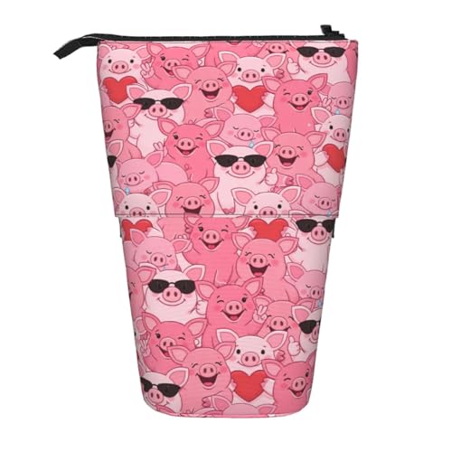 Funny Pink Pig Standing Pencil Case Cute Telescopic Stationary Pouch with Zipper Large Capacity Stand up Pen Bag Portable Makeup Holder for School Office Supplies - color: Pig