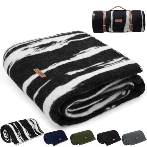 Molithe 100% Wool Blanket, 62" x 86", Warm, Thick, Washable, Military | Great for Camping, Outdoors, Sporting Events, Survival Kits, Black White Striped - color: Black White Striped, size: Large