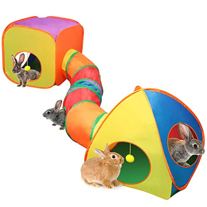 YUEPET Rabbit Tunnel and Cube Collapsible Tent Bunny Interactive Crinkle Tunnel Toys Small Animal Hideout with Play Ball for Dwarf Rabbit Bunny Guinea Pig (Rainbow) - color: Rainbow