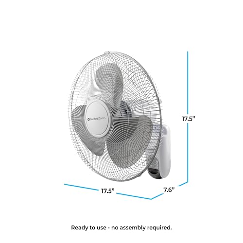 Comfort Zone 16-Inch Fan with Remote Control – Quiet 3-Speed Oscillating Indoor Fan with 90° Wide-Angle Airflow, Timer & Sleep Modes – Space-Saving Wall Fan for Bedroom, Home Gym & Office, White - style: 16" with Remote