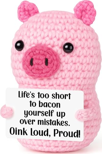 GevGuxLuo Mini Inspirational Birthday Gifts for Women, Back to School Cheer Up Support Graduation Birhday Gifts for Teen Girl Students Teacher Friend Coworker, Positive Handmade Crochet Pink Pig - style: Bacon