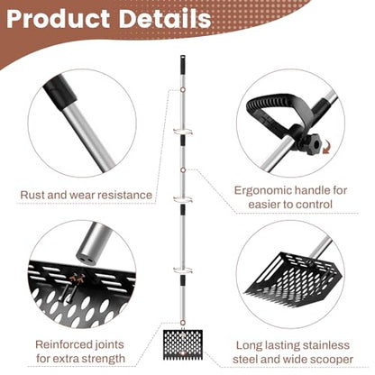 2-in-1 Chicken Poop Scooper & Rake,10" Wide Metal Sand Sifting Shovel with Grip,Chicken Pooper Scooper for Poop Shavings,Litter Scooper for Chicken Coop Accessories,Adjustable Handle (24" to 66")