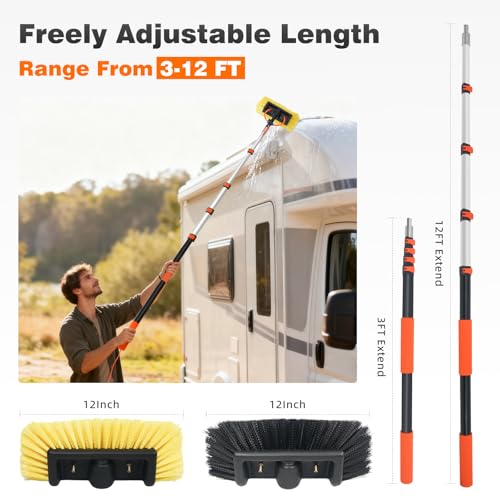 12FT Car Wash Brush with Long Handle, Car Cleaning Brush with 12"Soft Bristle and Hard Bristle, 3-12FT Telescopic Pole with Hose Attachment for Scratch-Free Cleaning Truck,RV,Boat,Siding,Solar Panels - color: 12ft-orange-2