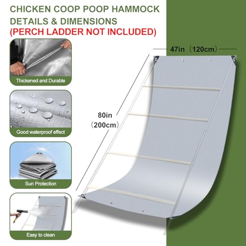 Chicken Coop Poop Hammock Waterproof and UV with 8pcs Ball Bungees Cords, 6.5 * 4 FT Poop Deck for Chicken Roosting Perch to Catch the Chicken Poop, Chicken Coop Tarp for Poultry（Not Include Perch