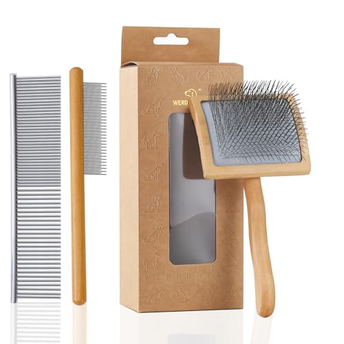 Ergonomic Slicker Brush for Long-Haired Dogs - Wooden Handle, Long Pins for Grooming Goldendoodles
