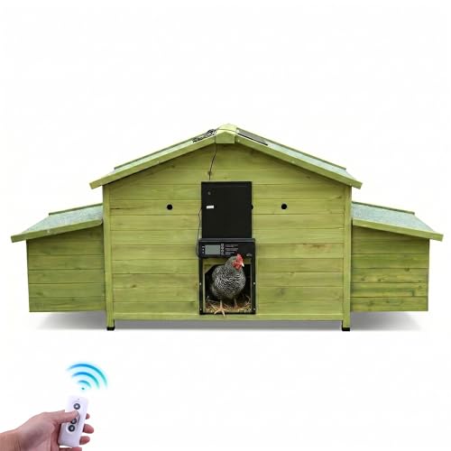 70" Automatic Chicken Coop with Solar-Powered Door & Remote – Smart Outdoor Hen House with Timer & Light Sensor, Solid Wood Poultry Cage with 2 Nesting Boxes, Ventilated Design & Pull-Out Tray