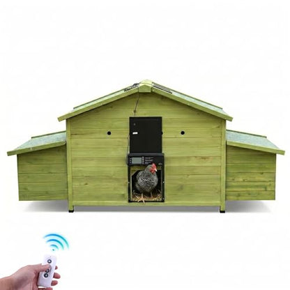 70" Automatic Chicken Coop with Solar-Powered Door & Remote – Smart Outdoor Hen House with Timer & Light Sensor, Solid Wood Poultry Cage with 2 Nesting Boxes, Ventilated Design & Pull-Out Tray