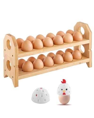 Bamboo Egg Holder Countertop with Silicone Egg Cleaner, 2-Tier Egg Holder for 24 Eggs, Stackable Design for Fresh Eggs, Farmhouse Egg Tray Storage Display Rack，Fits Quail, Duck, Chicken Eggs - color: 2-Tier with egg washer