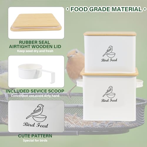 Airtight Bird Seed Storage Container Set of 2, 10LB Metal Bird Food Container with Bamboo Lids,Wild Bird Seed Tin for Storing Sunflower Seed-Squirrel proof -White - color: White(Bird Feed)