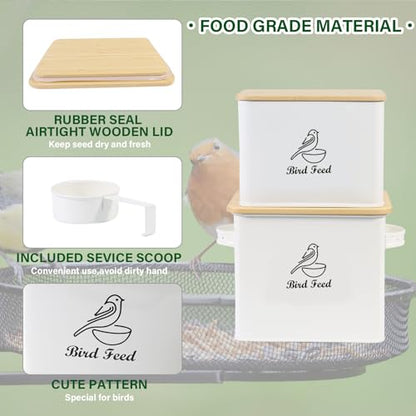 Airtight Bird Seed Storage Container Set of 2, 10LB Metal Bird Food Container with Bamboo Lids,Wild Bird Seed Tin for Storing Sunflower Seed-Squirrel proof -White - color: White(Bird Feed)