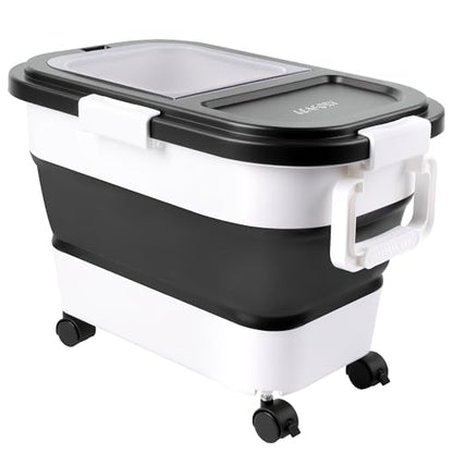 Wood Pellet Storage Container 20-25lbs, Airtight Bin with Locking Lid & Clear Window, Collapsible Pellet Bucket with Wheels, Scoop & Labels, Black & White - color: Black-M
