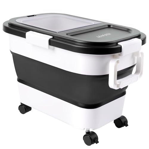 Wood Pellet Storage Container 20-25lbs, Airtight Bin with Locking Lid & Clear Window, Collapsible Pellet Bucket with Wheels, Scoop & Labels, Black & White - color: Black-M