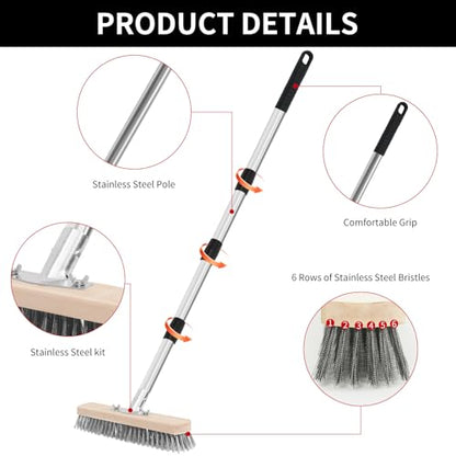 Stainless Steel Wire Scrub Brush with Long Handle, Heavy Duty Floor Scrubber Brush, Moss Remover Wire Broom for Deck, Rough Surface, Concrete Floor, Patio, Garden, Garage