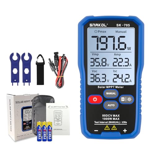 Solar MPPT Power Tester for Photovoltaic Modules, 1000 W, 80 V DC Max, 35 A, Automatic & Manual Power Measurement, Voc Isc Vmp Pmax, 3.2" LCD with Backlight, Portable PV Tester (SK-705) - color: 1000W