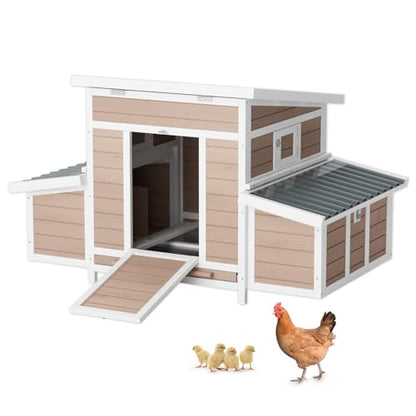 Chicken Coop, Large Wooden Chicken House with Waterproof Roof & Pull-Out Tray, Outdoor Chicken Hutch with 6 Nesting Boxes, Duck Coop Hen House for 4-6 Chicken, Khaki - color: Khaki