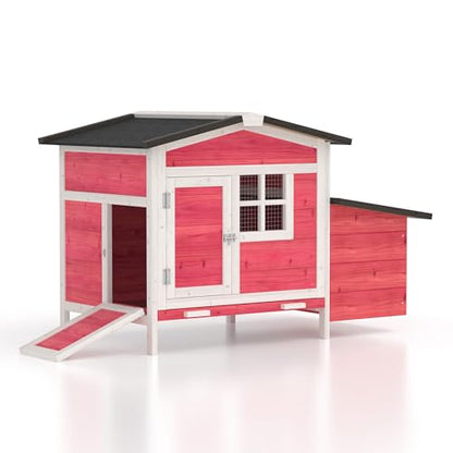 GOJOOASIS Chicken Coop for 2 Chickens Outdoor Rabbit Hutch Chicken House Cage with Ramp & Nesting Box for Small Animals (Red) - color: Red