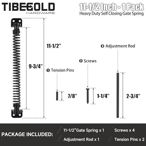 11-1/2" Gate Spring Self Closing, Heavy Duty Black Door Closer Spring, Adjustable Tensioner Automatic Outdoor Gate Closure, Gate Spring Hardware for Wooden and Vinyl Fence, 1 Pack - size: 11-1/2 Inch