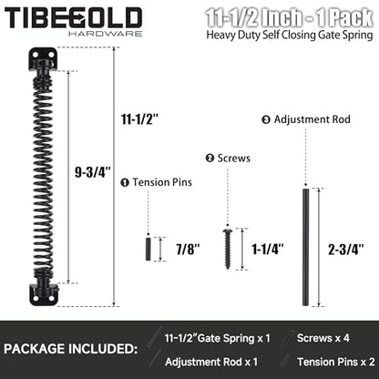 11-1/2" Gate Spring Self Closing, Heavy Duty Black Door Closer Spring, Adjustable Tensioner Automatic Outdoor Gate Closure, Gate Spring Hardware for Wooden and Vinyl Fence, 1 Pack - size: 11-1/2 Inch