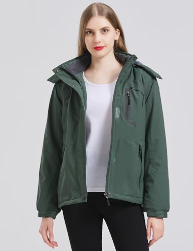 ELLSWOS Womens Winter Coats Waterproof Ski Jacket Warm Snow Jackets Windproof Windbreaker Hooded Raincoat - color: Olive Green, size: Large