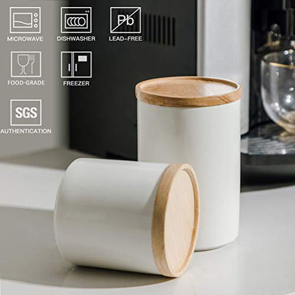 Sweejar Kitchen Canisters Ceramic Food Storage Jar, Stackable Containers with Airtight Seal Wooden Lid for Serving Ground Coffee, Tea, Sugar, Salt and More - 28 Fl Oz (White) - color: White, style: 28 Fl Oz (4.0"x6.1")