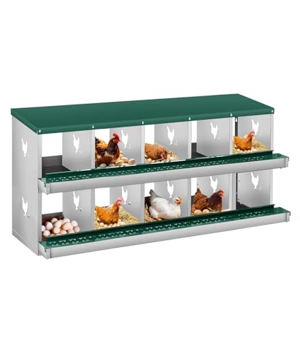 10 Compartment Chicken Nesting Boxes, Metal Roll Away Egg Laying Boxes with Removable Tray & Lid Cover, Chicken Coop Nest Box for Hens, Egg Protection Design (Without Legs) Green - color: Green, size: 10 hole - without leg